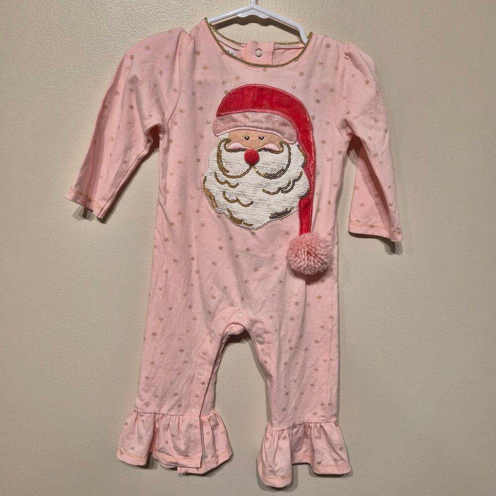 Mudpie 6-9 Month Pink Santa Ruffle Romper Long Sleeve Girly Christmas Winter